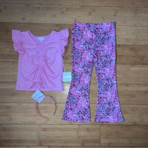 NWT Girls Size 6 Outfit - Pink Flutter Sleeve Top & Floral Print Flare Pants